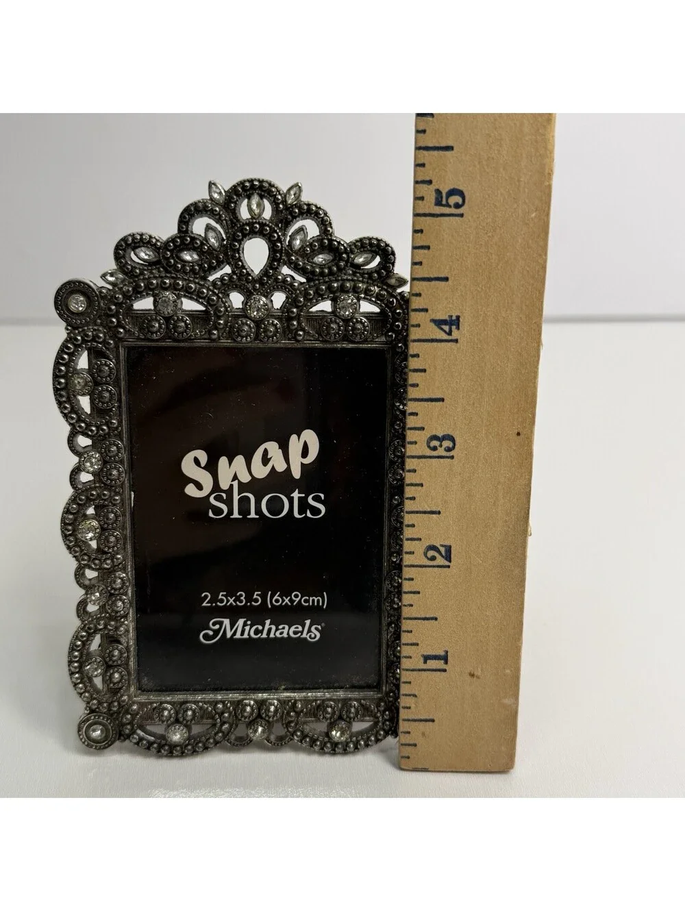 Vintage MICHAELS Silvertone Metal Rhinestone Photo Frame Holds 2.5X3.5